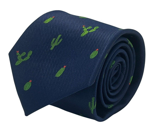 Navy dark blue tie with embroidered cactus design